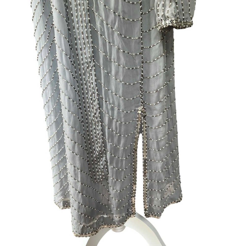 Vintage 🩶 SHO MAX - 3X Silver Silk Beaded Dress India Sequin Caftan Evening Gown - Picture 7 of 14